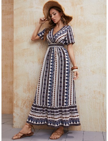 Summer Bohemian Style V-Neck High Waist Dress