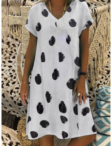 Print Polka Dots V-neck Short Sleeve Casual Dress