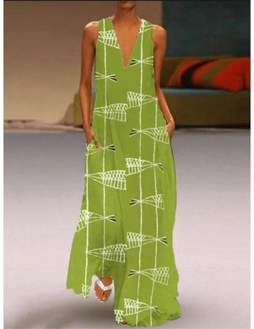 Print Fish Sleeveless V Neck Casual Maxi Dress