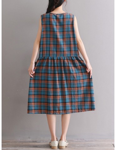 Plaid Print Sleeveless Single Breasted Pockets Vintage Dresses