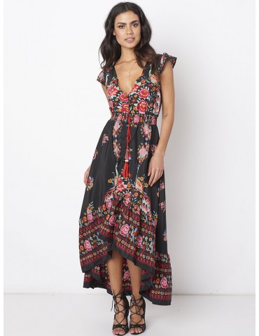 Folk Style Floral Print Bandage V-neck Women Maxi Dress