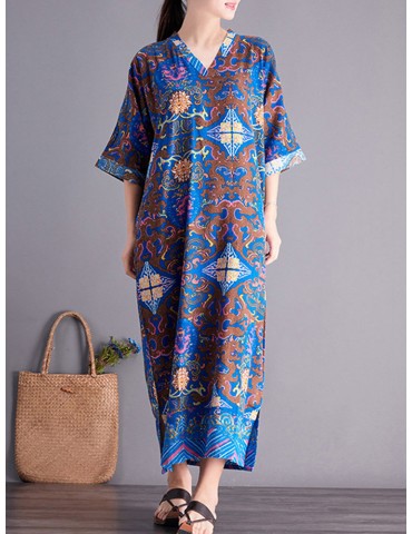 Side Splited Folk Style Print Half Sleeve Vintage Dresses