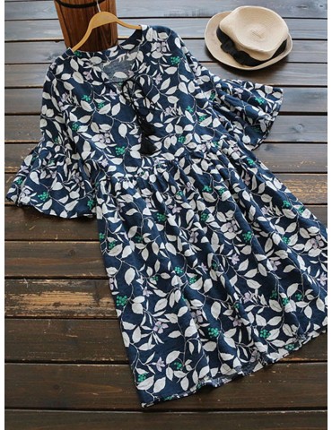 Women Casual Round Neck Ruffled Sleeve Print Dresses