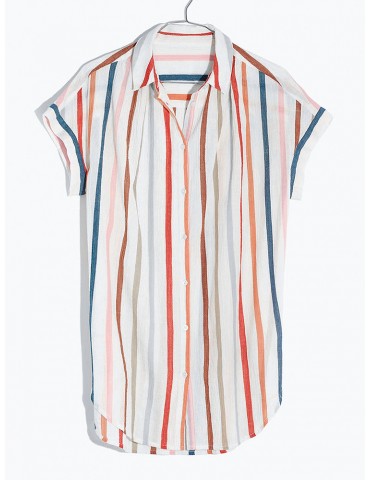 Multicolor Stripe Irregular Short Sleeve Shirt For Women