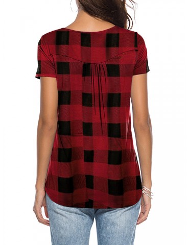 Ethnic Plaid Print Irregular Short Sleeve Casual Blouse