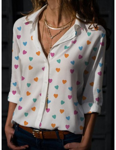 Print Heart Turn Down Collar Button Casual Blouse