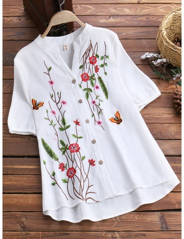 Stand Collar Floral Embroidered Short Sleeve Vintage Blouses