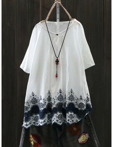 Print Embroidery Pleated Collar Raglan Short Sleeve Blouse