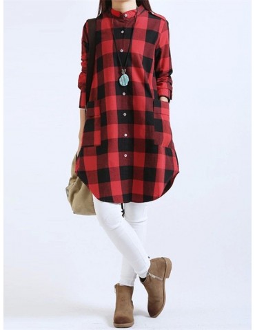 Women Long Sleeve Boyfriend Scottish Plaid Pockets Button Blouses