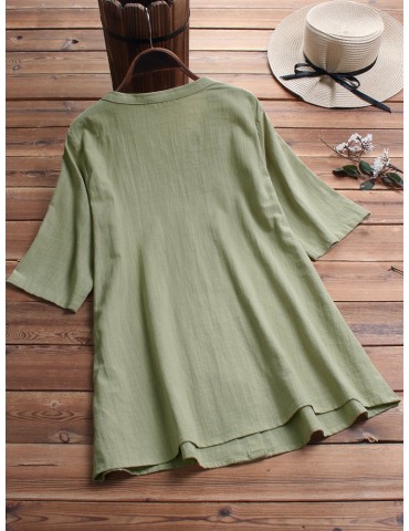 Pleated Solid Color Short Sleeve Casual Blouse