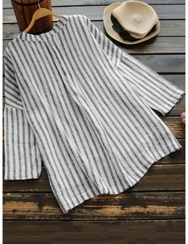 Loose Vertical Striped V neck High Low Button Shirt