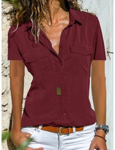 Short Sleeve Solid Color Lapel Casual Shirt For Women