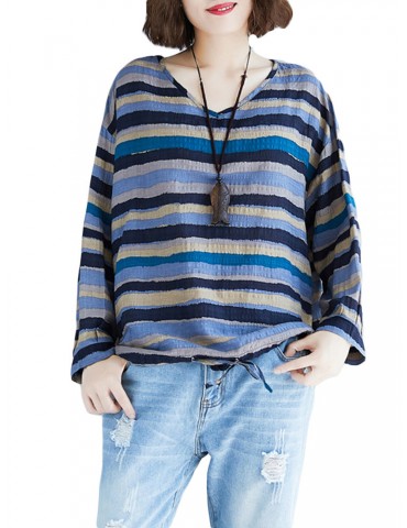 Linen Striped Long Sleeve O-neck Blouse