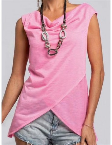 Asymmetrical Hem Sleeveless Solid Color Casual T-Shirt