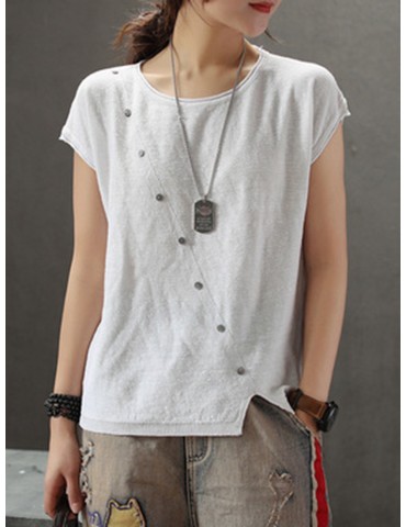 Women Button Splited Solid Color Short Sleeve Casual T-shirt