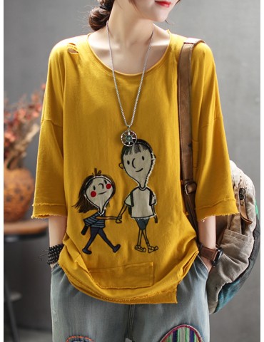 Embroidery Cartoon Short Sleeve Casual Cute T-Shirt