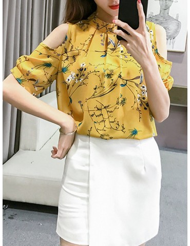 Floral Printed Off-shoulder Stand Collar T-shirts