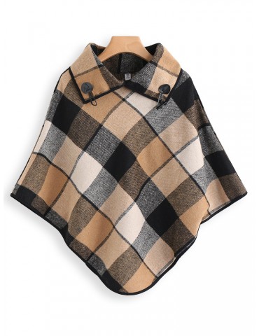 Multi-color Plaid Irregular Turtleneck Casual Cape Coat