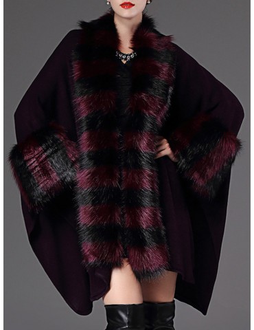 Casual Loose Striped Bats Sleeve Women Faux Fur Coats