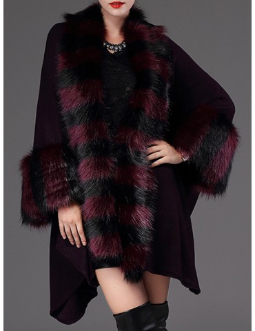 Casual Loose Striped Bats Sleeve Women Faux Fur Coats