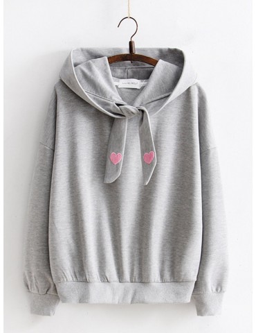 Solid Color Long Sleeve Heart Pattern Tie Neck Hooded Hoodie