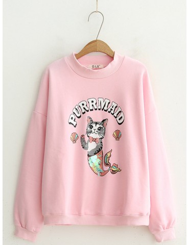 Fleece Print Cat Fish Crew Neck Sweatshirt