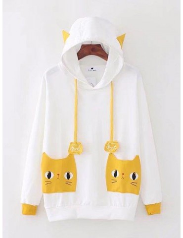 Long Sleeve Cat Print Decoration Pullover Fall Pocket Drawstring Hoodie