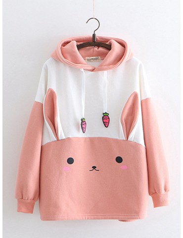 Print Rabbit Ear Patchwrok Hooded Sweatshirt