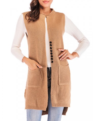 Knit Solid Color Pockets Sleeveless Cardigan