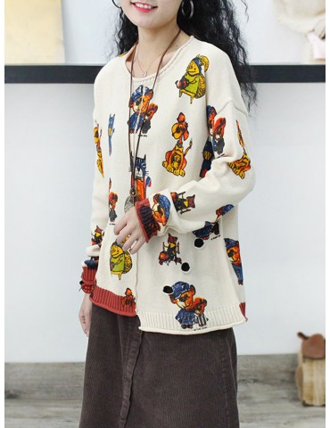 Cute Cartoon Print Long Sleeve Casual Pullover Sweater