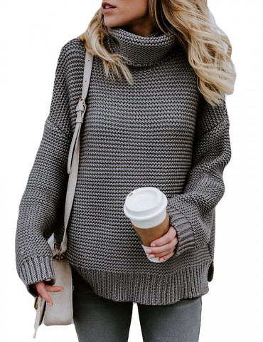 Knit High Neck Solid Color Loose Sweater