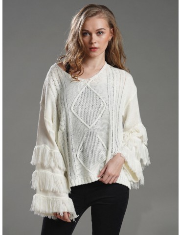 Knit Tassels V Neck Long Sleeve Casual Sweater