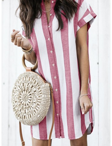 Short Sleeve Stripes V Neck Dresses for Women