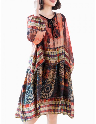 Vintage Print Lantern Long Sleeve Dress