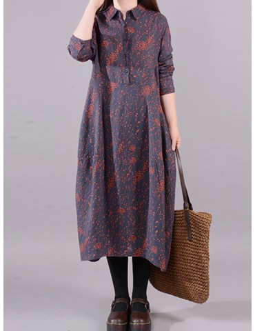 Vintage Floral Print Lapel Long Sleeve Plus Size Dress