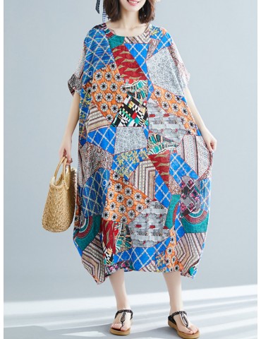 Vintage Print Short Sleeve Loose Dress with Pockets