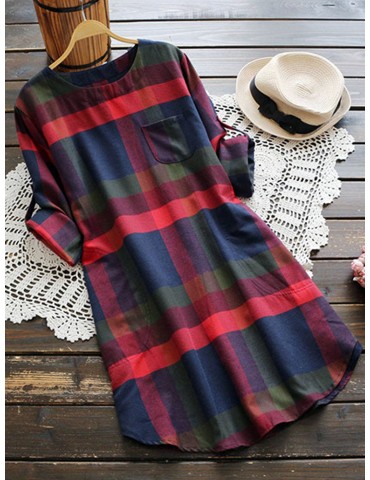 Plaid Round Neck Long Sleeve Vintage Dress