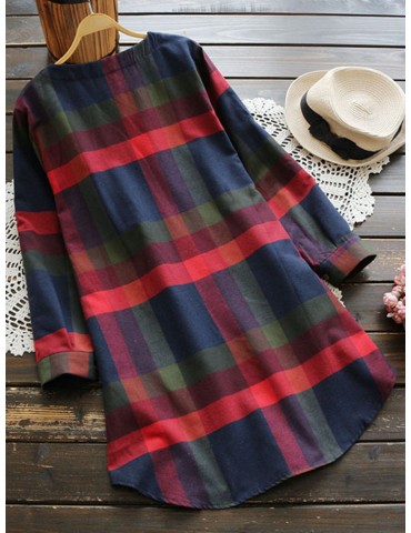 Plaid Round Neck Long Sleeve Vintage Dress