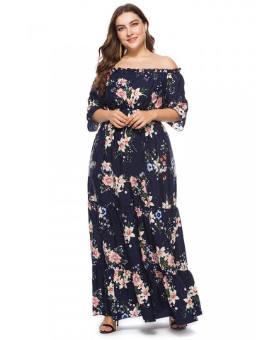 Print Off Shoulder Half Sleeve Maxi Dresses