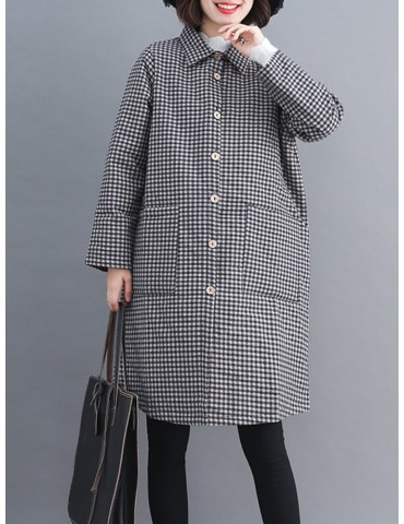 Plaid Lapel Long Sleeve Vintage Long Coat