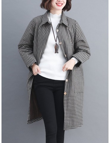 Plaid Lapel Long Sleeve Vintage Long Coat