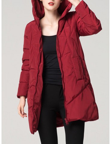 Solid Color Hooded Zipper Down Coat