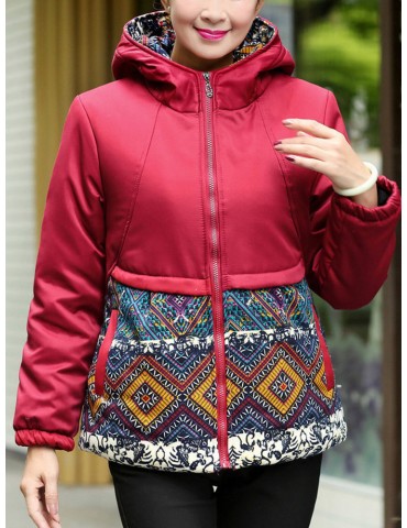 Vintage Print Thick Hooded Coat for Women