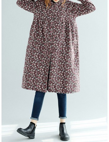 Vintage Print Hooded Long Coat for Women