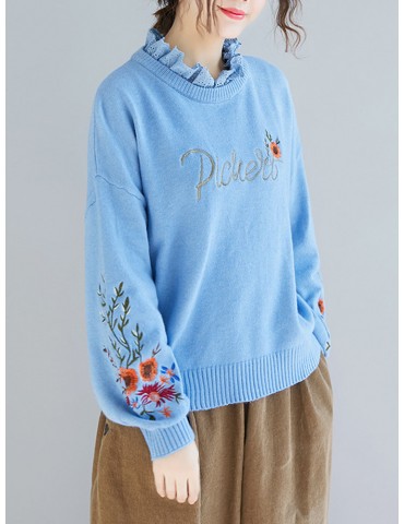 Ruffled Collar Embroidery Warm Sweater for Women