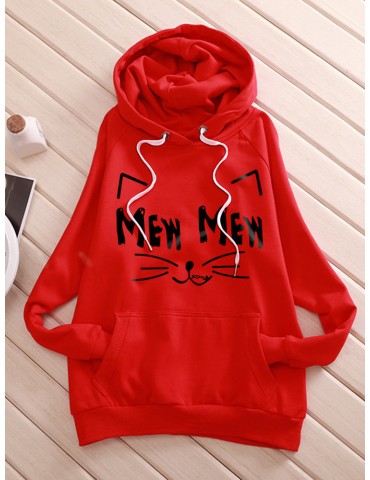 Women Cat Printed Hooded Long Sleeve Hoodies