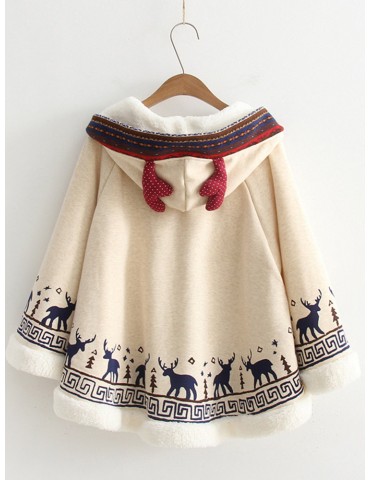 Cartoon Print Deer Ear Irregular Cloak Hoodie