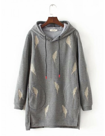 Embroidery Loose Print Drawstring Pocket Hoodie for Women