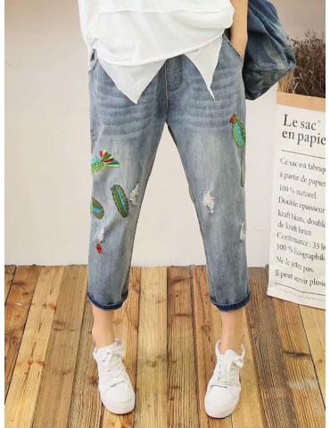 Vintage Cartoon Elastic Waist Denim Pants