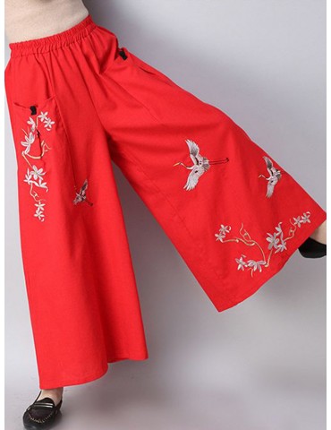 Vintage Embroidery Elastic Waist Wide Leg Pants